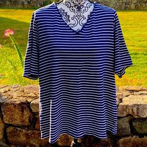 Lane Bryant 22/24 Blue with White Horizontal Stripes V-Neck Short Sleeve Shirt